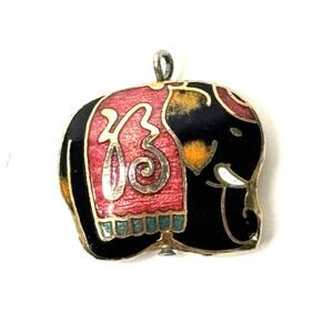 Vintage Cloisonne Elephant Pendant Black Red 3/4 inch